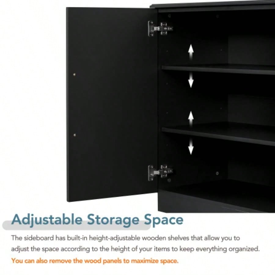 TREXM Sideboard Buffet Cabinet with Storage, Buffet Cabinet with Adjustable Shelves and Silver Handles Sideboard Cabinet Kitchen, Dining Room, Living Room, Black