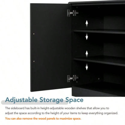 TREXM Sideboard Buffet Cabinet with Storage, Buffet Cabinet with Adjustable Shelves and Silver Handles Sideboard Cabinet Kitchen, Dining Room, Living Room, Black