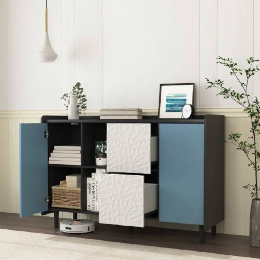 Sideboard Buffet Cabinet, Black Storage Cabinet with Blue Doors, 2 Drawers with unique panel styling and 2 Open Storage Compartment, Modern Coffee Bar Cabinet Accent Cabinet Kitchen, Dining Room,