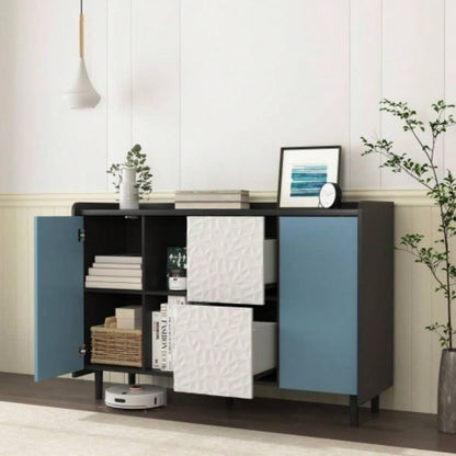 Sideboard Buffet Cabinet, Black Storage Cabinet with Blue Doors, 2 Drawers with unique panel styling and 2 Open Storage Compartment, Modern Coffee Bar Cabinet Accent Cabinet Kitchen, Dining Room,