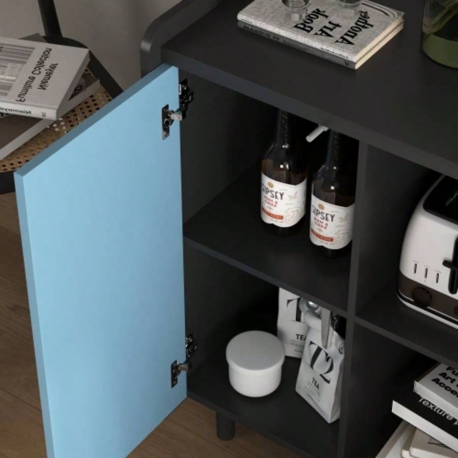 Sideboard Buffet Cabinet, Black Storage Cabinet with Blue Doors, 2 Drawers with unique panel styling and 2 Open Storage Compartment, Modern Coffee Bar Cabinet Accent Cabinet Kitchen, Dining Room,