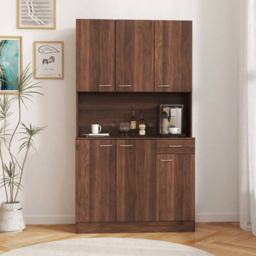 70.87 Tall Wardrobe Kitchen Cabinet, with 6 - Doors, 1 - Open Shelves and 1 - Drawer bedroom, Walnut