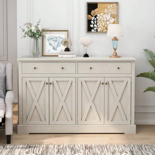 Vintage White Sideboard with Two Drawers and Four Doors Living Room, Bedroom, and Kitchen, Room Storage Cabinet, Vintage White