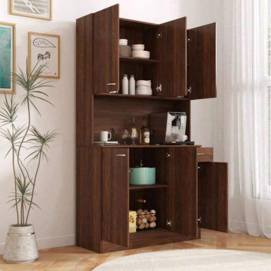 70.87 Tall Wardrobe Kitchen Cabinet, with 6 - Doors, 1 - Open Shelves and 1 - Drawer bedroom, Walnut