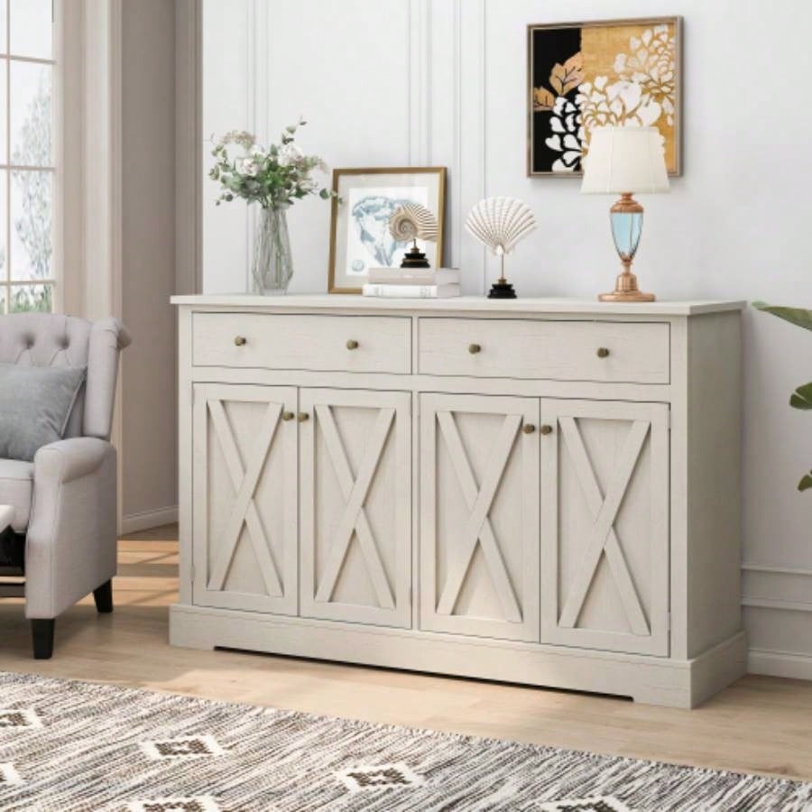 Vintage White Sideboard with Two Drawers and Four Doors Living Room, Bedroom, and Kitchen, Room Storage Cabinet, Vintage White