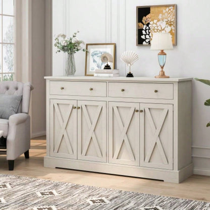 Vintage White Sideboard with Two Drawers and Four Doors Living Room, Bedroom, and Kitchen, Room Storage Cabinet, Vintage White