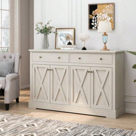 Vintage White Sideboard with Two Drawers and Four Doors Living Room, Bedroom, and Kitchen, Room Storage Cabinet, Vintage White