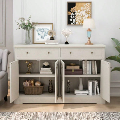 Vintage White Sideboard with Two Drawers and Four Doors Living Room, Bedroom, and Kitchen, Room Storage Cabinet, Vintage White