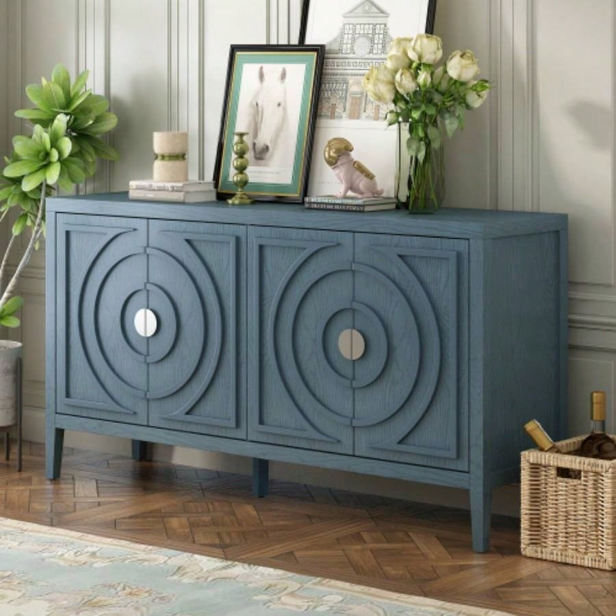TREXM Retro Sideboard door with Circular Groove Design Round Metal Door Handle Entrance, Dinning Room, Living Room Antique Blue