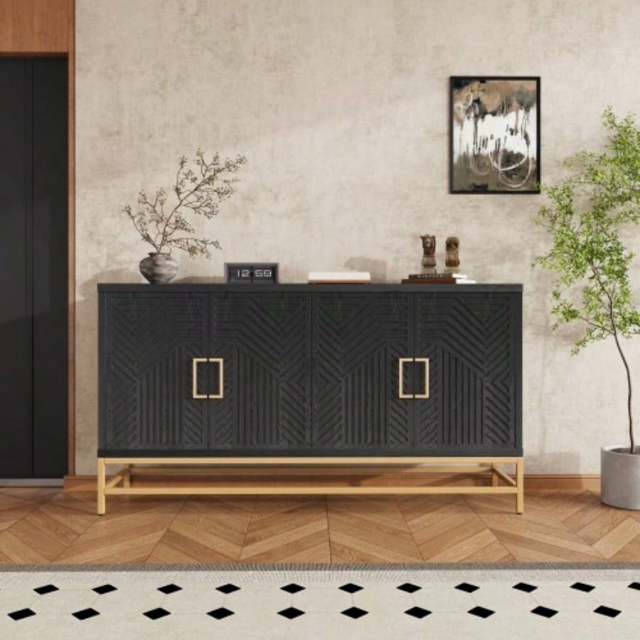 TREXM Sideboard Buffet Cabinet with Storage, sideboard cabinet with Adjustable Shelves, Rectangular Metal Handles and Kitchen, Living room, and Dining Room, Black