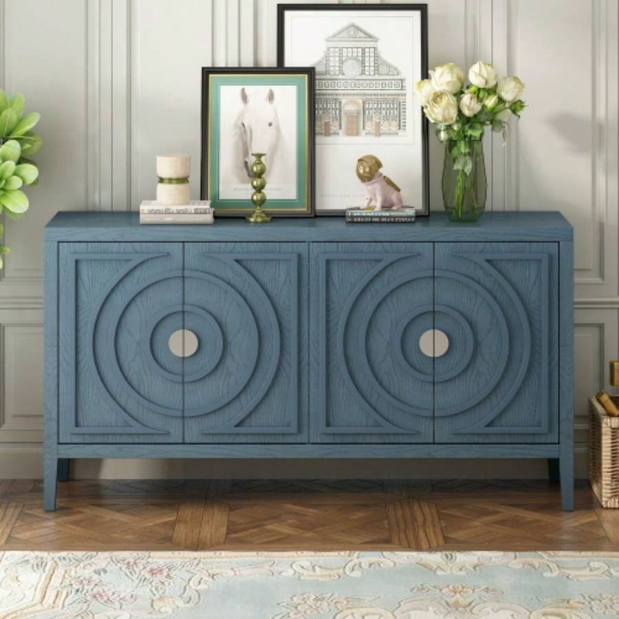 TREXM Retro Sideboard door with Circular Groove Design Round Metal Door Handle Entrance, Dinning Room, Living Room Antique Blue