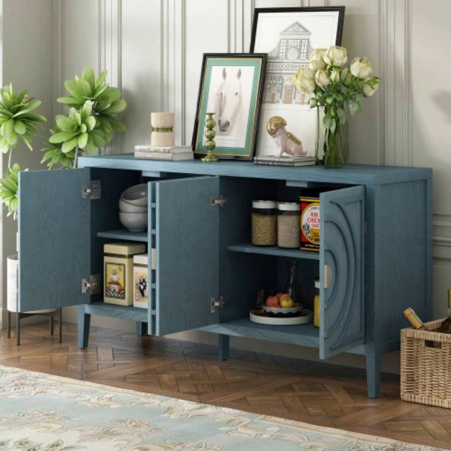 TREXM Retro Sideboard door with Circular Groove Design Round Metal Door Handle Entrance, Dinning Room, Living Room Antique Blue