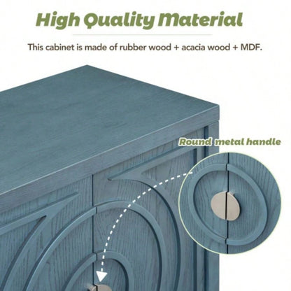 TREXM Retro Sideboard door with Circular Groove Design Round Metal Door Handle Entrance, Dinning Room, Living Room Antique Blue