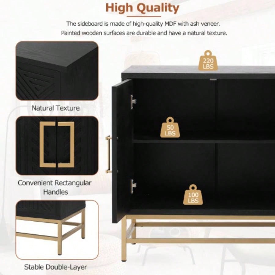 TREXM Sideboard Buffet Cabinet with Storage, sideboard cabinet with Adjustable Shelves, Rectangular Metal Handles and Kitchen, Living room, and Dining Room, Black