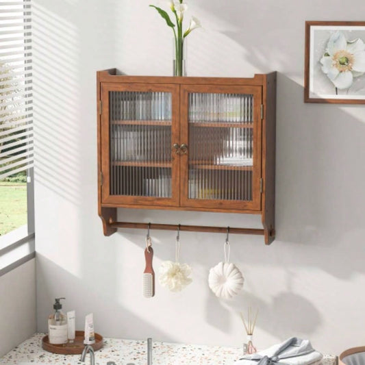 24.8Glass Door Vintage Double Door Wall Cabinet with Three Tiers of Storage with Towel Rack, Bathroom, Kitchen, Dining Room, Brown