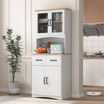 Wooden Kitchen Cabinet White Pantry Room Storage Microwave Cabinet with Framed Glass Doors and Drawer