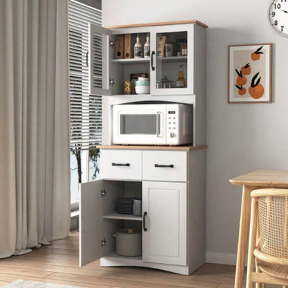 Wooden Kitchen Cabinet White Pantry Room Storage Microwave Cabinet with Framed Glass Doors and Drawer