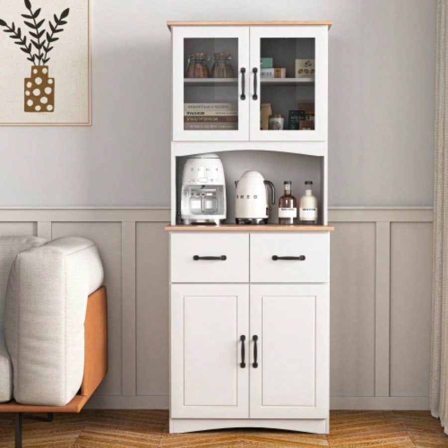Wooden Kitchen Cabinet White Pantry Room Storage Microwave Cabinet with Framed Glass Doors and Drawer