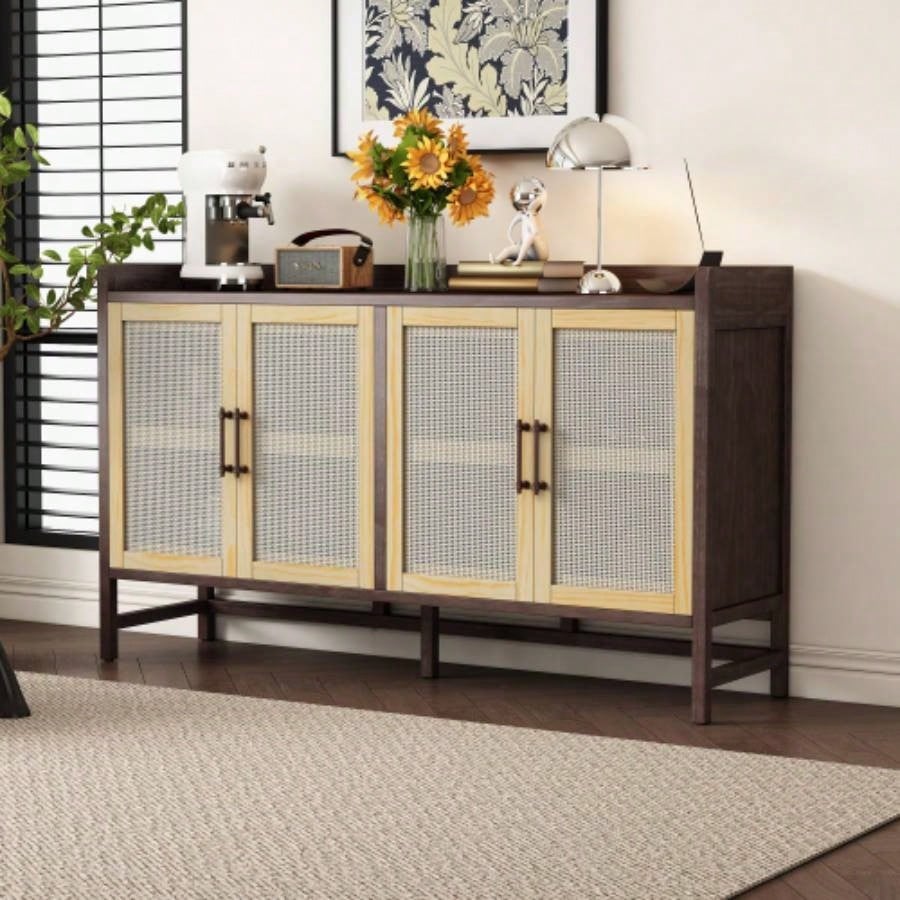 TREXM Sideboard Rustic Buffet Cabinet, sideboard cabinet with Decorative Rattan Doors, Buffet Cabinet with Storage Entryway Dining Room Kitchen Living Room, Walnut+Natural