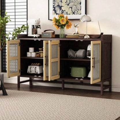 TREXM Sideboard Rustic Buffet Cabinet, sideboard cabinet with Decorative Rattan Doors, Buffet Cabinet with Storage Entryway Dining Room Kitchen Living Room, Walnut+Natural