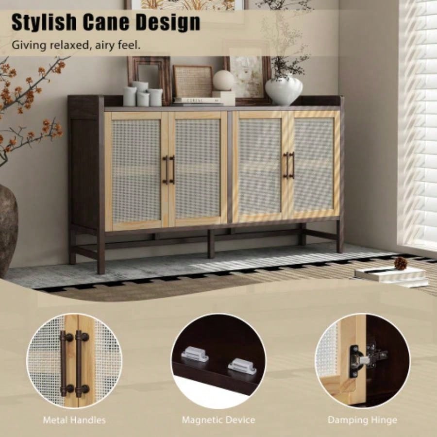 TREXM Sideboard Rustic Buffet Cabinet, sideboard cabinet with Decorative Rattan Doors, Buffet Cabinet with Storage Entryway Dining Room Kitchen Living Room, Walnut+Natural