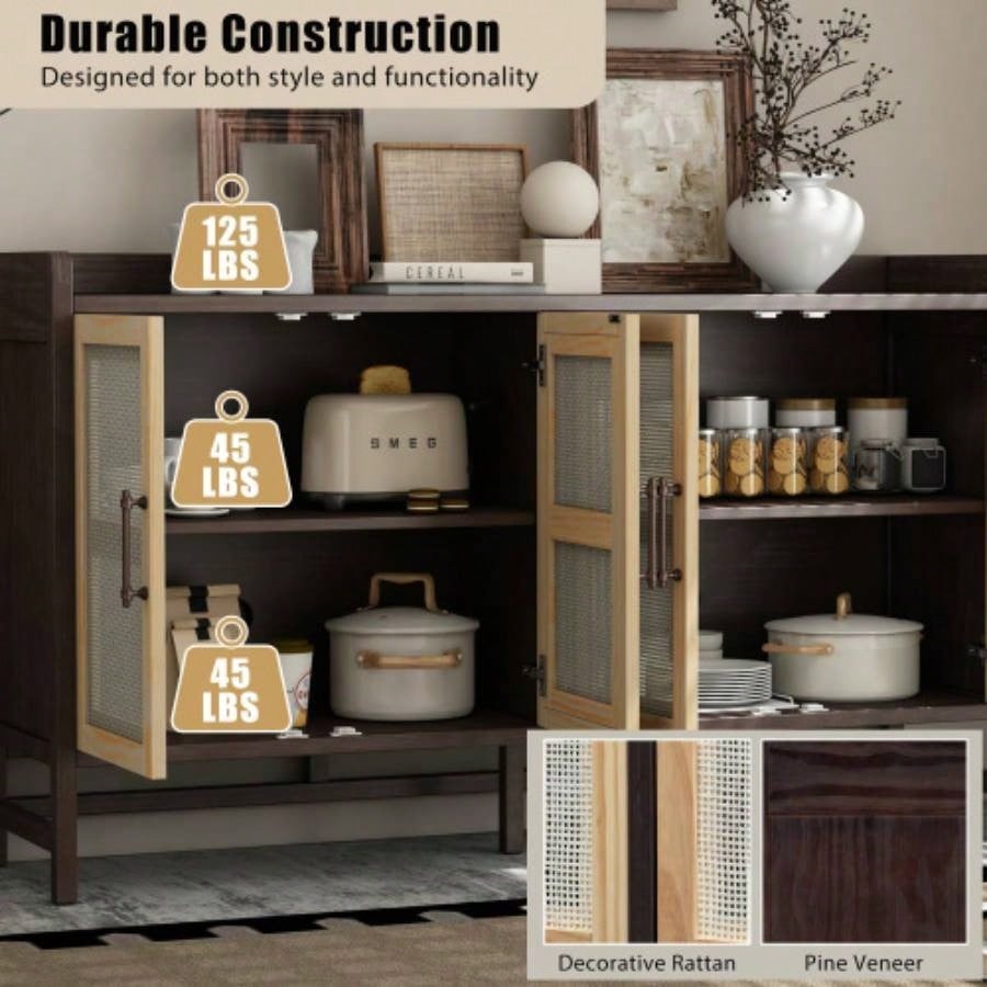TREXM Sideboard Rustic Buffet Cabinet, sideboard cabinet with Decorative Rattan Doors, Buffet Cabinet with Storage Entryway Dining Room Kitchen Living Room, Walnut+Natural