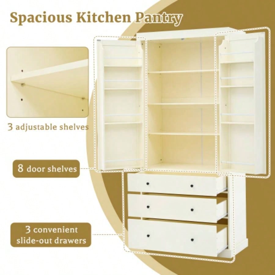 Assembly Video ProvidedTOPMAX 77inch Farmhouse Kitchen Pantry, Freestanding Tall Cupboard Storage Cabinet with 3 Adjustable Shelves, 8 Door Shelves, 3 Drawers Kitchen, Dining Room,
