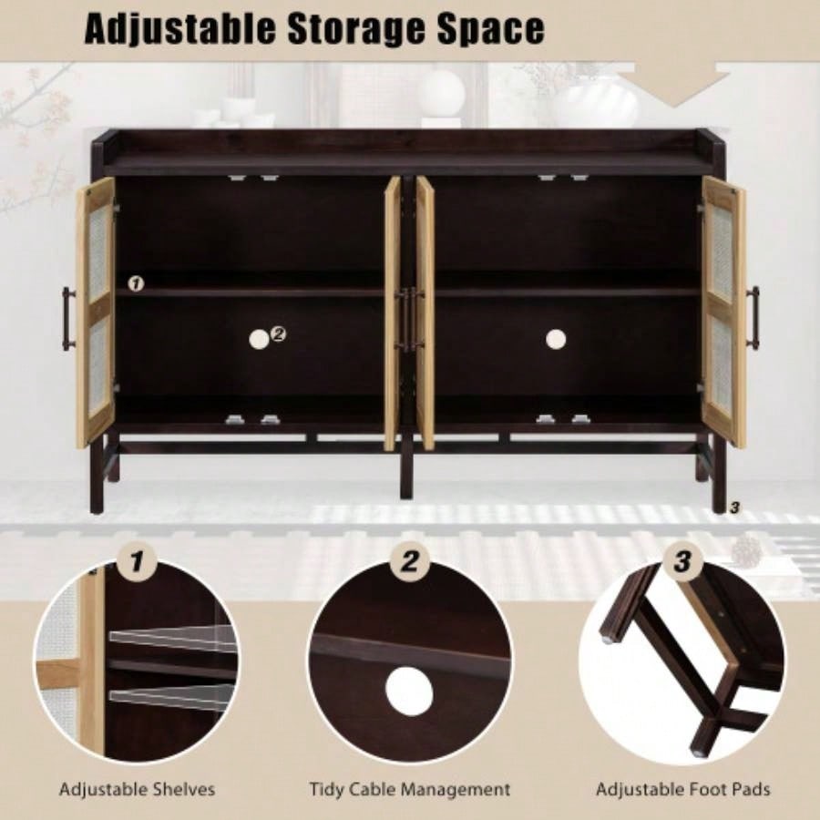 TREXM Sideboard Rustic Buffet Cabinet, sideboard cabinet with Decorative Rattan Doors, Buffet Cabinet with Storage Entryway Dining Room Kitchen Living Room, Walnut+Natural