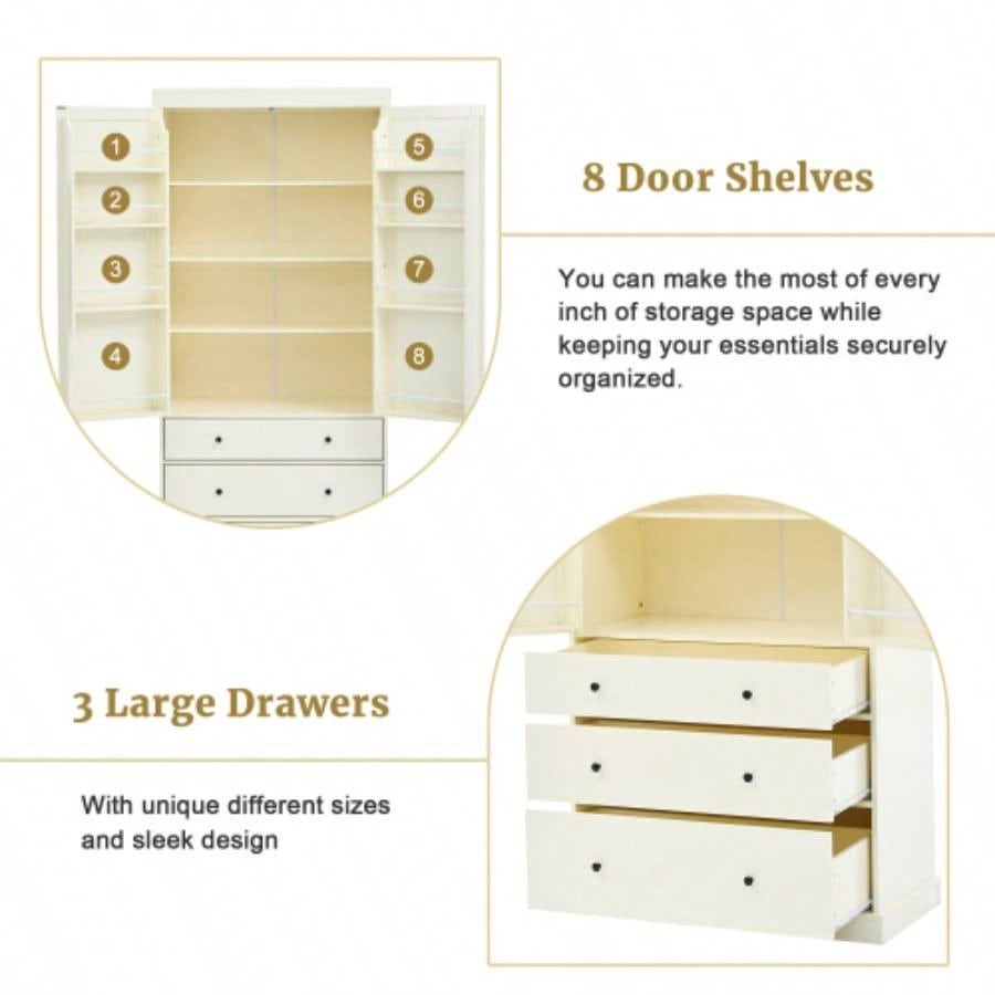 Assembly Video ProvidedTOPMAX 77inch Farmhouse Kitchen Pantry, Freestanding Tall Cupboard Storage Cabinet with 3 Adjustable Shelves, 8 Door Shelves, 3 Drawers Kitchen, Dining Room,