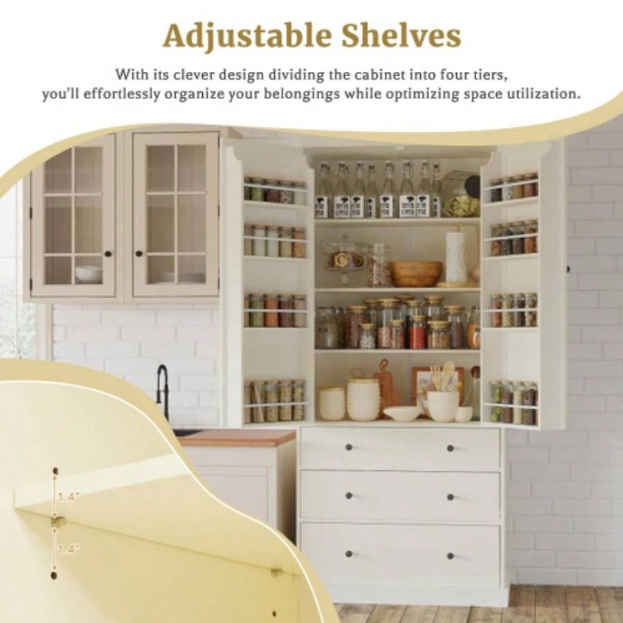 Assembly Video ProvidedTOPMAX 77inch Farmhouse Kitchen Pantry, Freestanding Tall Cupboard Storage Cabinet with 3 Adjustable Shelves, 8 Door Shelves, 3 Drawers Kitchen, Dining Room,