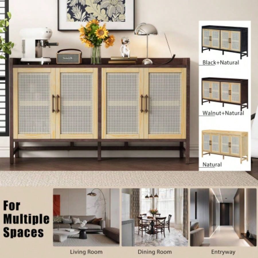 TREXM Sideboard Rustic Buffet Cabinet, sideboard cabinet with Decorative Rattan Doors, Buffet Cabinet with Storage Entryway Dining Room Kitchen Living Room, Walnut+Natural