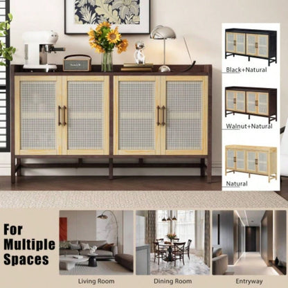 TREXM Sideboard Rustic Buffet Cabinet, sideboard cabinet with Decorative Rattan Doors, Buffet Cabinet with Storage Entryway Dining Room Kitchen Living Room, Walnut+Natural