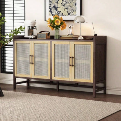 TREXM Sideboard Rustic Buffet Cabinet, sideboard cabinet with Decorative Rattan Doors, Buffet Cabinet with Storage Entryway Dining Room Kitchen Living Room, Walnut+Natural