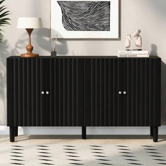 USTYLE Elegant Four - Door Sideboard with Wavy Pattern Doors, Cylindrical, and Sleek Metal Handles, Adjustable, Suitable Study, Entryway and Living Room