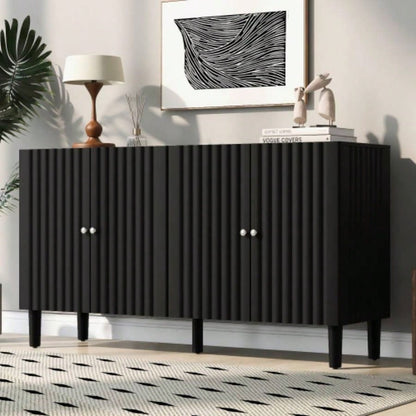USTYLE Elegant Four - Door Sideboard with Wavy Pattern Doors, Cylindrical, and Sleek Metal Handles, Adjustable, Suitable Study, Entryway and Living Room