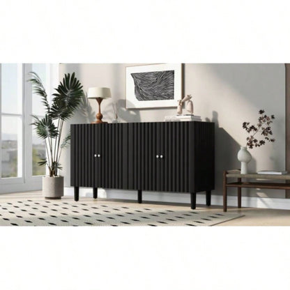 USTYLE Elegant Four - Door Sideboard with Wavy Pattern Doors, Cylindrical, and Sleek Metal Handles, Adjustable, Suitable Study, Entryway and Living Room