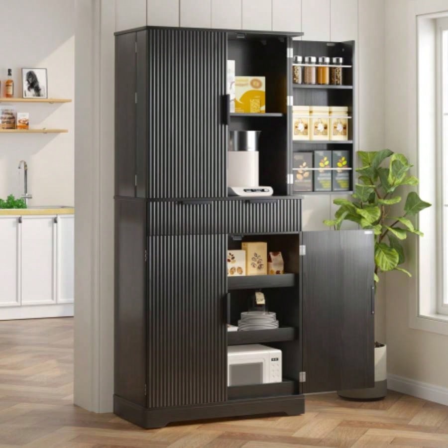 72 Fluted Kitchen Pantry Cabinet with 3 Keyboard Drawers 6 Door Shelves Adjustable, Freestanding Cupboard Storage Cabinet Bathroom Diningroom, Office, Entryway, Black