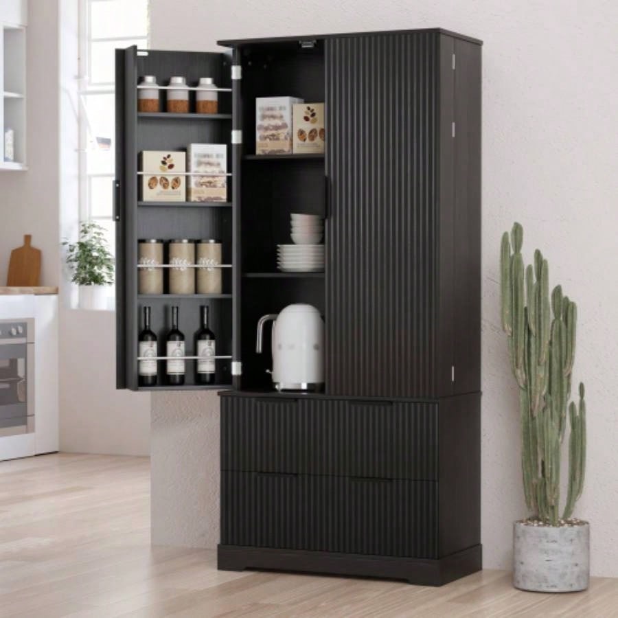 72 Modern Fluted Kitchen Pantry Cabinet with 2 Large Drawers 8 - Door Spice Rack, Freestanding Storage Organizer Bathroom, Dining Room, Office, Entryway, Black