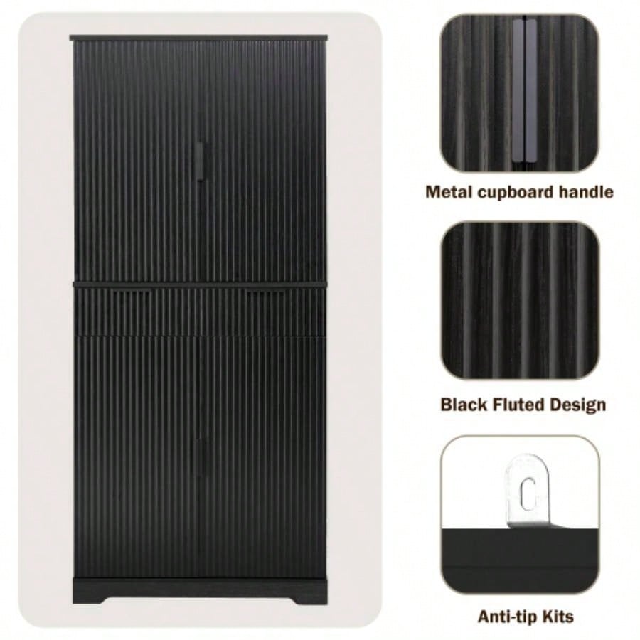 72 Fluted Kitchen Pantry Cabinet with 3 Keyboard Drawers 6 Door Shelves Adjustable, Freestanding Cupboard Storage Cabinet Bathroom Diningroom, Office, Entryway, Black