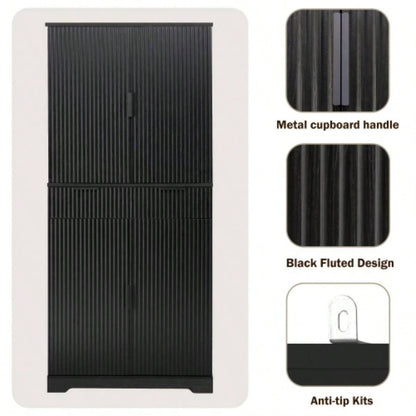 72 Fluted Kitchen Pantry Cabinet with 3 Keyboard Drawers 6 Door Shelves Adjustable, Freestanding Cupboard Storage Cabinet Bathroom Diningroom, Office, Entryway, Black