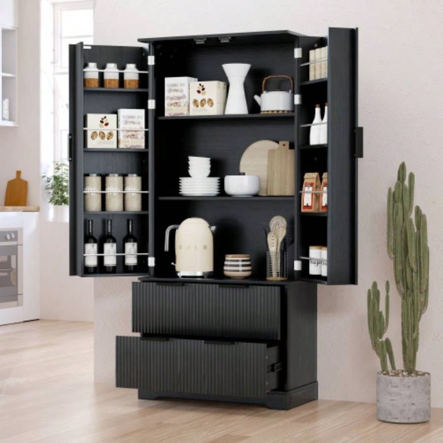 72 Modern Fluted Kitchen Pantry Cabinet with 2 Large Drawers 8 - Door Spice Rack, Freestanding Storage Organizer Bathroom, Dining Room, Office, Entryway, Black