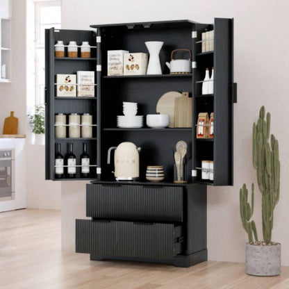 72 Modern Fluted Kitchen Pantry Cabinet with 2 Large Drawers 8 - Door Spice Rack, Freestanding Storage Organizer Bathroom, Dining Room, Office, Entryway, Black