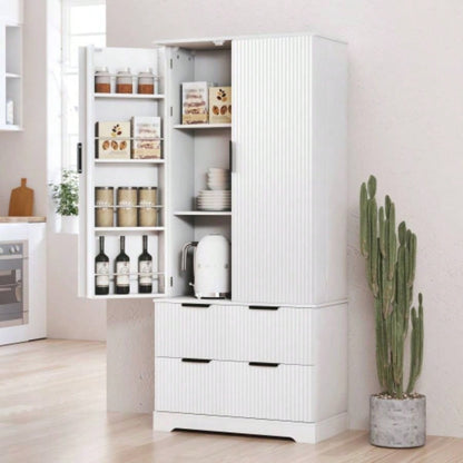 72 Modern Fluted Kitchen Pantry Cabinet with 2 Large Drawers 8 - Door Spice Rack, Freestanding Storage Organizer Bathroom, Dining Room, Office, Entryway, White