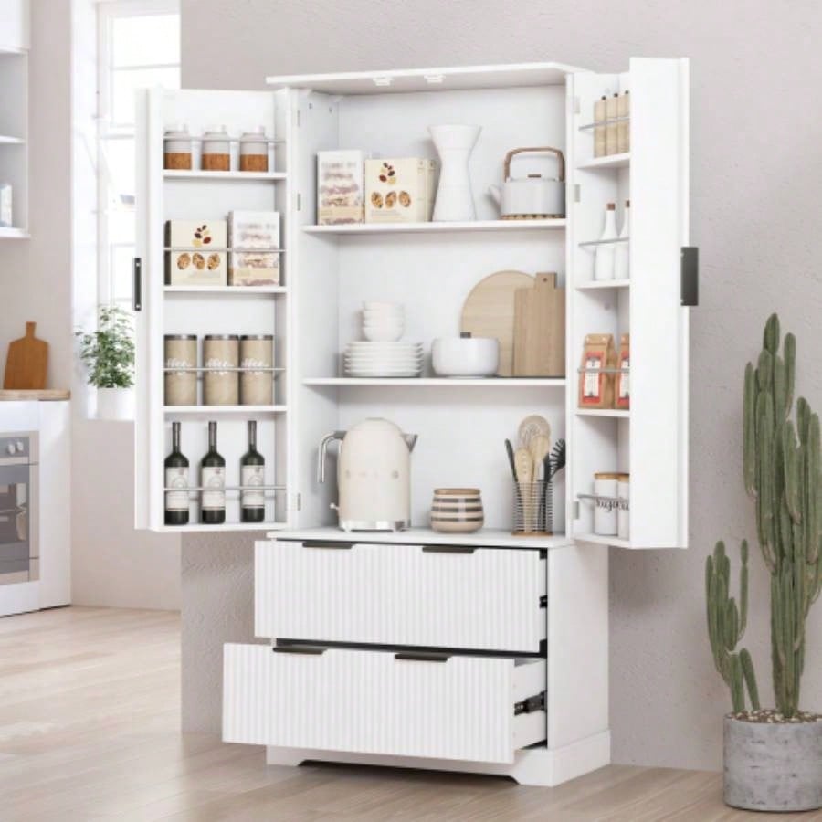72 Modern Fluted Kitchen Pantry Cabinet with 2 Large Drawers 8 - Door Spice Rack, Freestanding Storage Organizer Bathroom, Dining Room, Office, Entryway, White