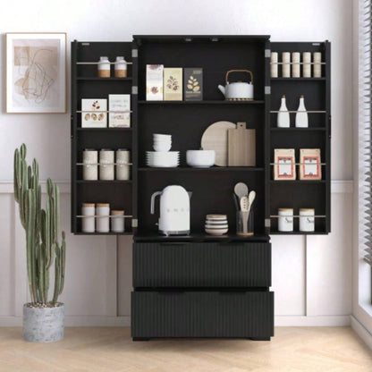 72 Modern Fluted Kitchen Pantry Cabinet with 2 Large Drawers 8 - Door Spice Rack, Freestanding Storage Organizer Bathroom, Dining Room, Office, Entryway, Black