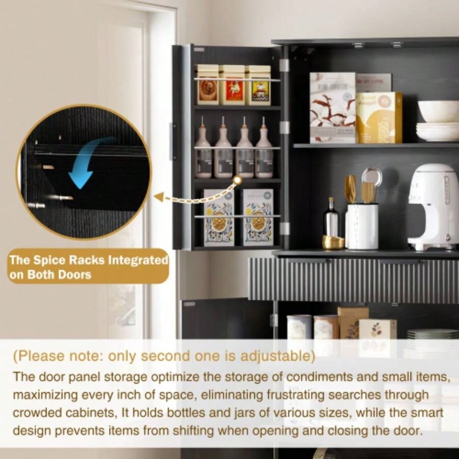 72 Fluted Kitchen Pantry Cabinet with 3 Keyboard Drawers 6 Door Shelves Adjustable, Freestanding Cupboard Storage Cabinet Bathroom Diningroom, Office, Entryway, Black