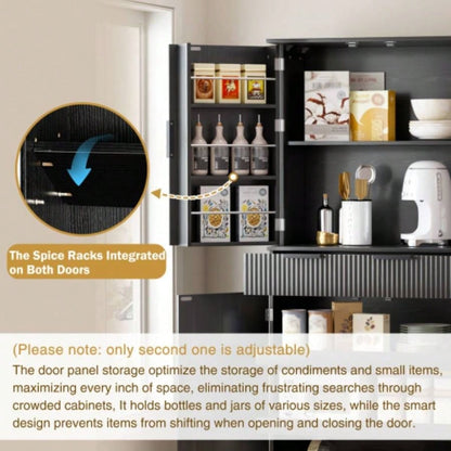 72 Fluted Kitchen Pantry Cabinet with 3 Keyboard Drawers 6 Door Shelves Adjustable, Freestanding Cupboard Storage Cabinet Bathroom Diningroom, Office, Entryway, Black