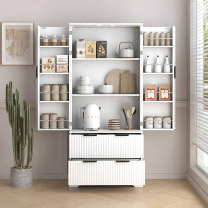 72 Modern Fluted Kitchen Pantry Cabinet with 2 Large Drawers 8 - Door Spice Rack, Freestanding Storage Organizer Bathroom, Dining Room, Office, Entryway, White