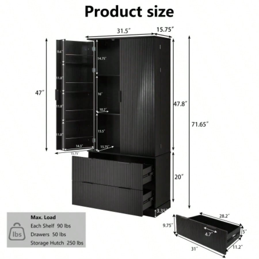 72 Modern Fluted Kitchen Pantry Cabinet with 2 Large Drawers 8 - Door Spice Rack, Freestanding Storage Organizer Bathroom, Dining Room, Office, Entryway, Black