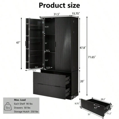 72 Modern Fluted Kitchen Pantry Cabinet with 2 Large Drawers 8 - Door Spice Rack, Freestanding Storage Organizer Bathroom, Dining Room, Office, Entryway, Black